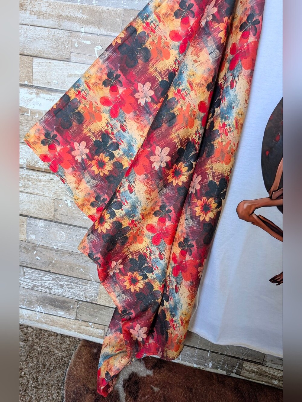 Jerry Garcia Graphic W Boho Floral Bat Winged Sleeves Top - Picture 8 of 15